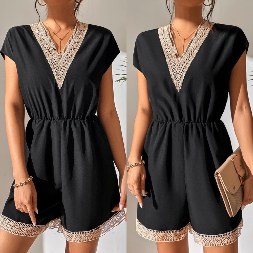 🖤 ELEGANT BLACK TAN TRIM VNECK ROMPER!